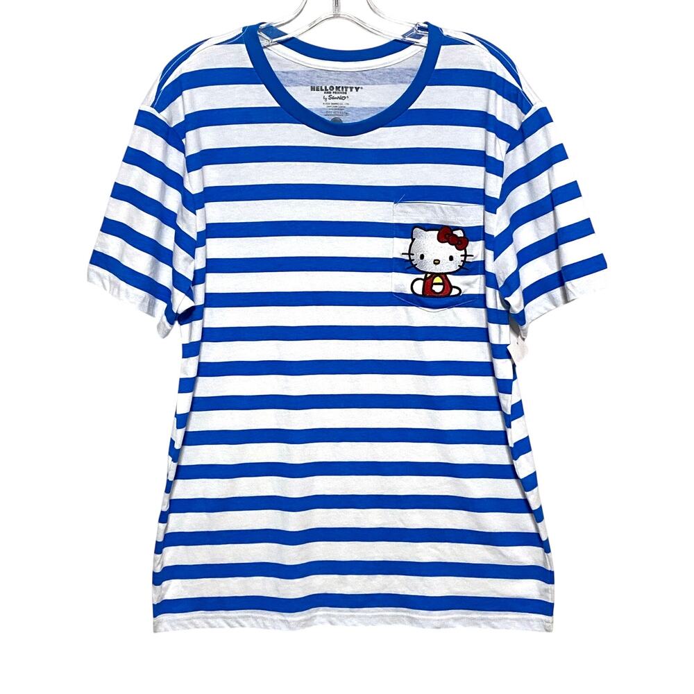 Hello Kitty Sanrio Embroidered Pocket Shirt Womens M Blue Striped Kidcore NWT